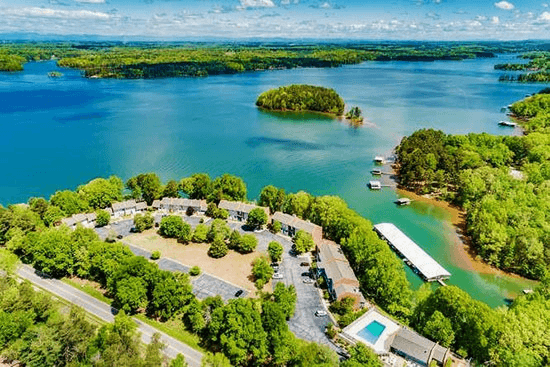 Wide aerial view of Lake Hartwell shoreline and docks near Seneca, South Carolina